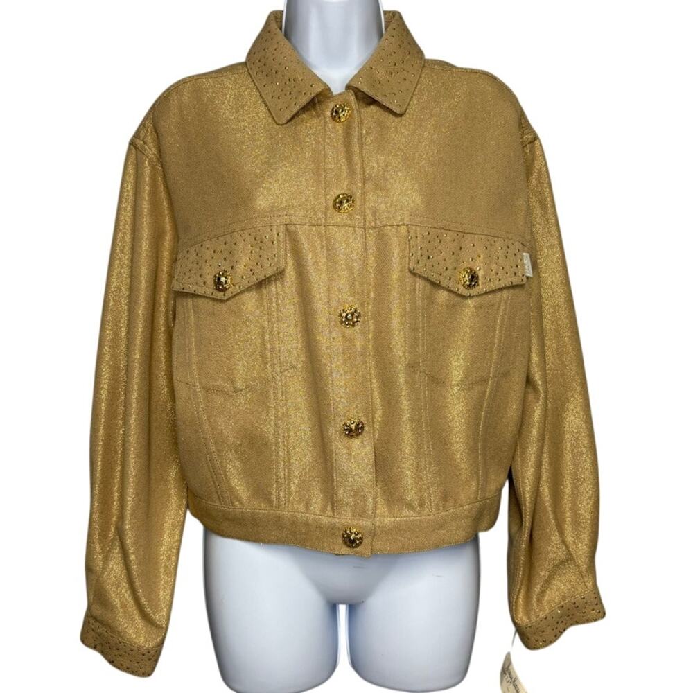 NWT St. John Silk Blend Evening Gold Shimmer Studded Luxury‎ Jean Jacket S *FLAW